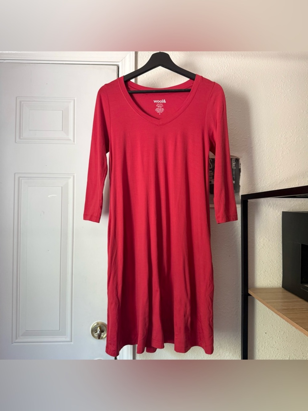 WOOL& Red merino wool nylon v-neck long sleeve mini dress